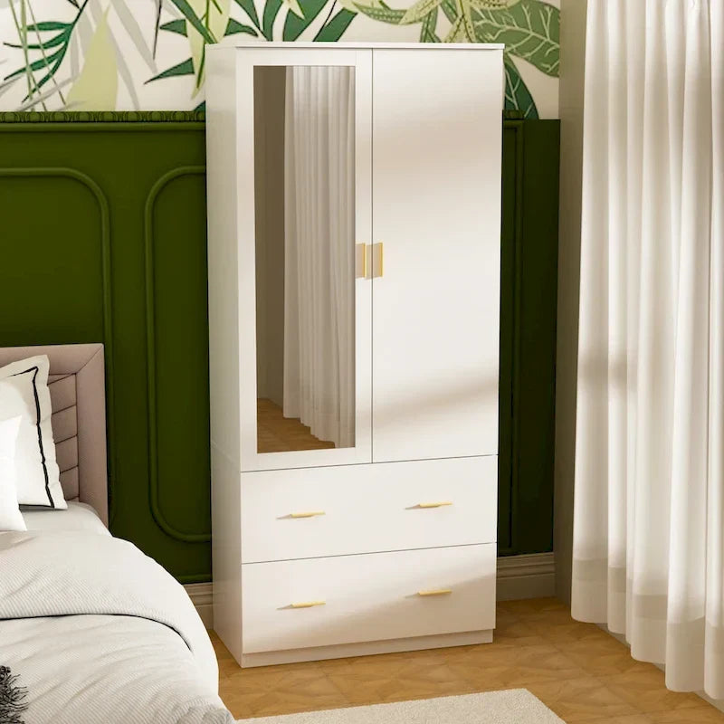 Modern Wardrobe Armoire with Mirror Door Hanging Rod and Drawers