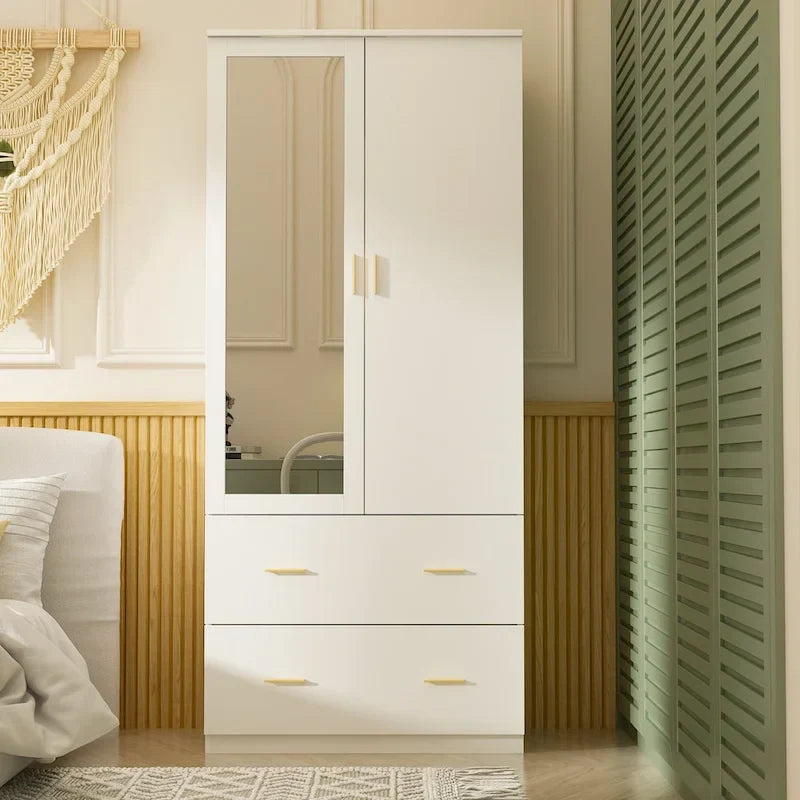 Modern Wardrobe Armoire with Mirror Door Hanging Rod and Drawers