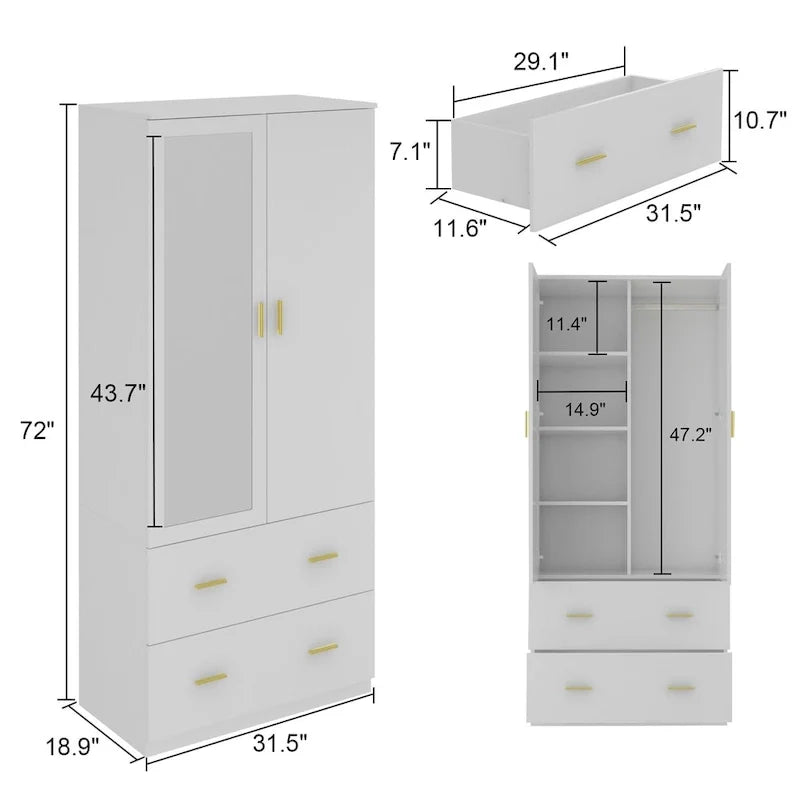 Modern Wardrobe Armoire with Mirror Door Hanging Rod and Drawers 5