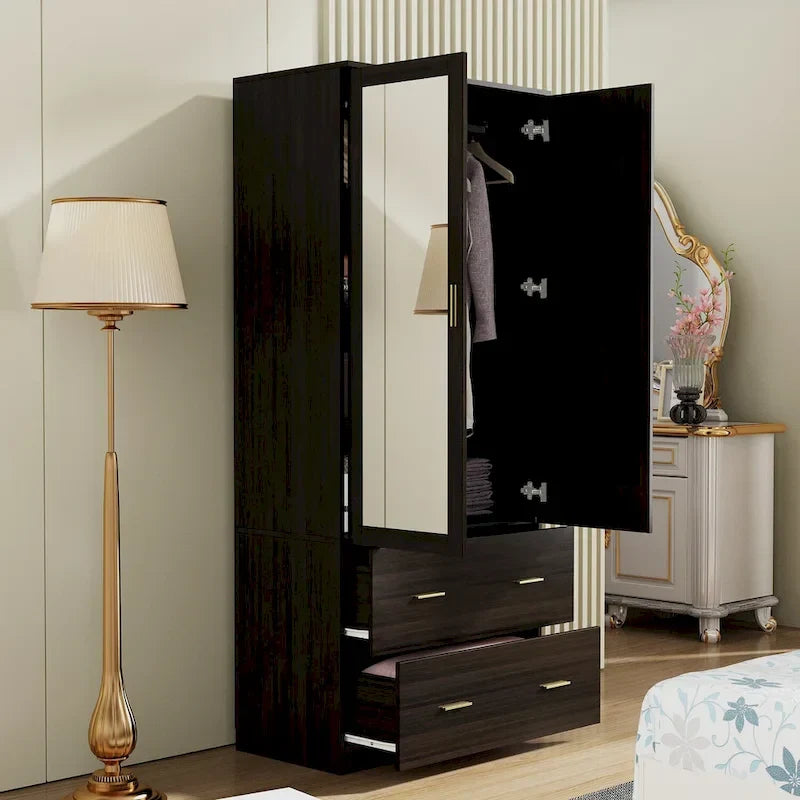 Modern Wardrobe Armoire with Mirror Door Hanging Rod and Drawers 10