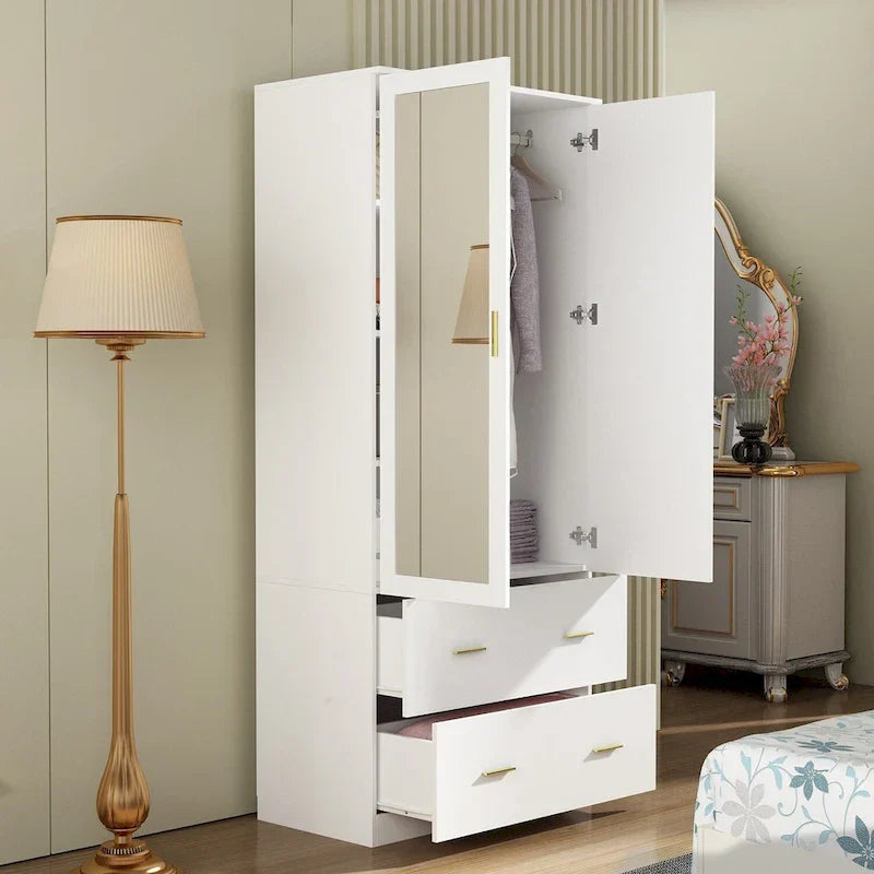 Modern Wardrobe Armoire with Mirror Door Hanging Rod and Drawers 17