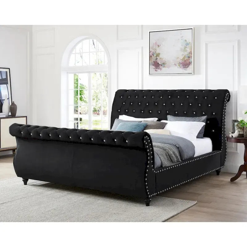 Gracewood Hollow Trivedi Black Velvet Sleigh Bed with Crystal Button Tufting 1