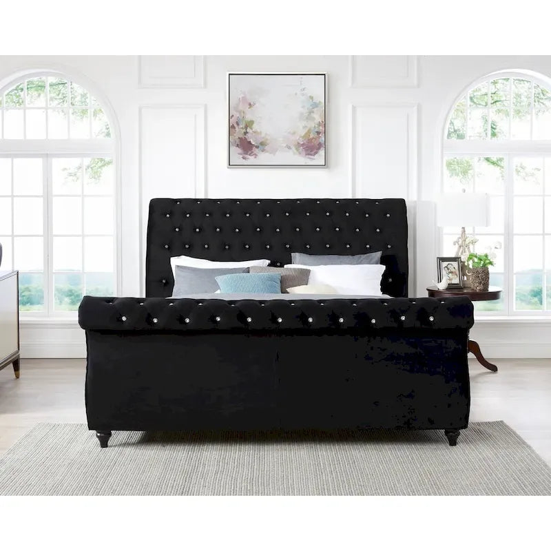 Gracewood Hollow Trivedi Black Velvet Sleigh Bed with Crystal Button Tufting 2