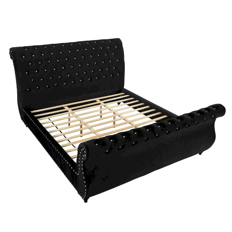Gracewood Hollow Trivedi Black Velvet Sleigh Bed with Crystal Button Tufting 3