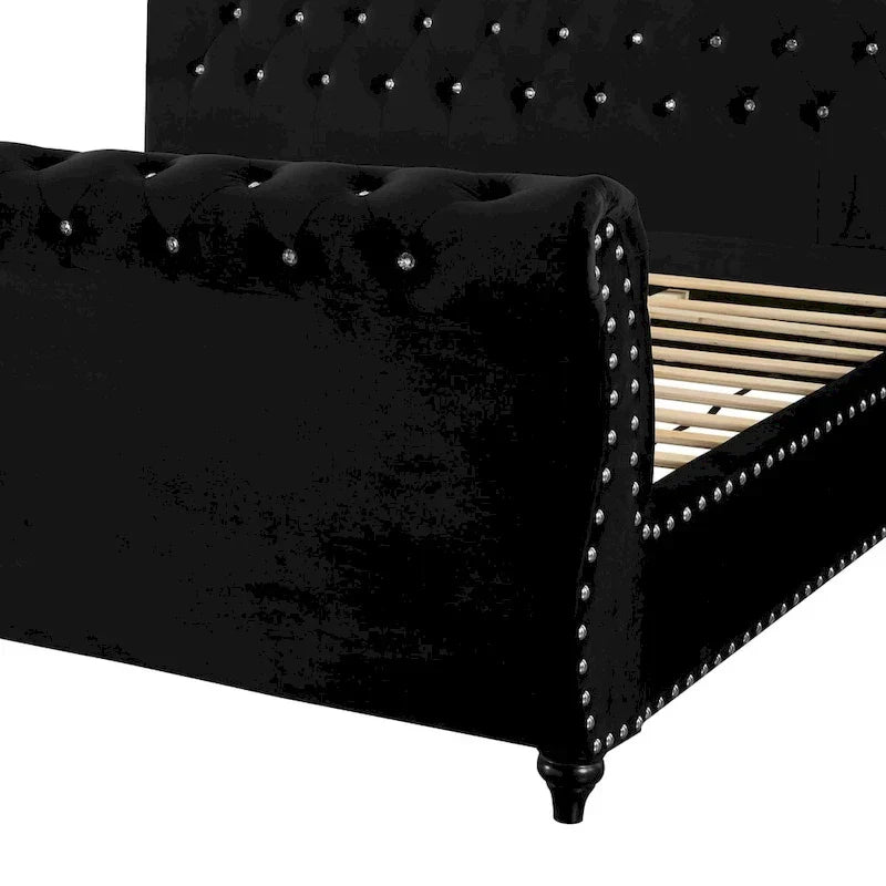 Gracewood Hollow Trivedi Black Velvet Sleigh Bed with Crystal Button Tufting 4