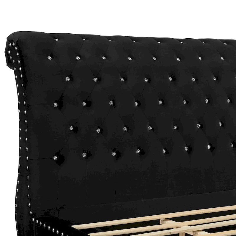 Gracewood Hollow Trivedi Black Velvet Sleigh Bed with Crystal Button Tufting 5