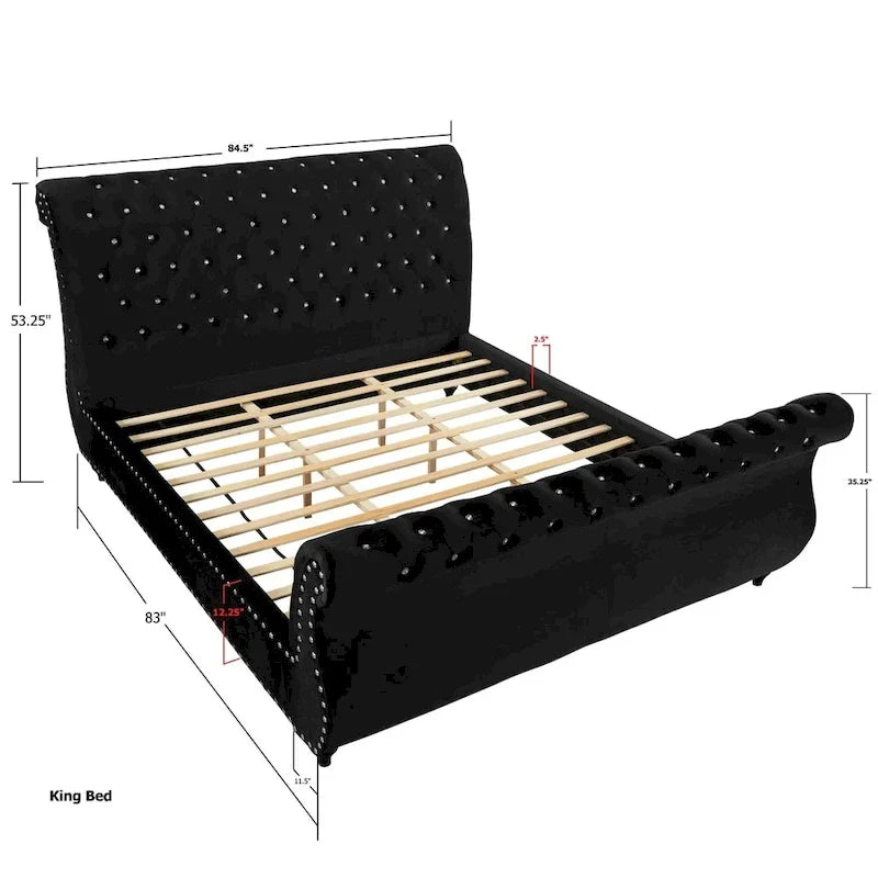 Gracewood Hollow Trivedi Black Velvet Sleigh Bed with Crystal Button Tufting 7