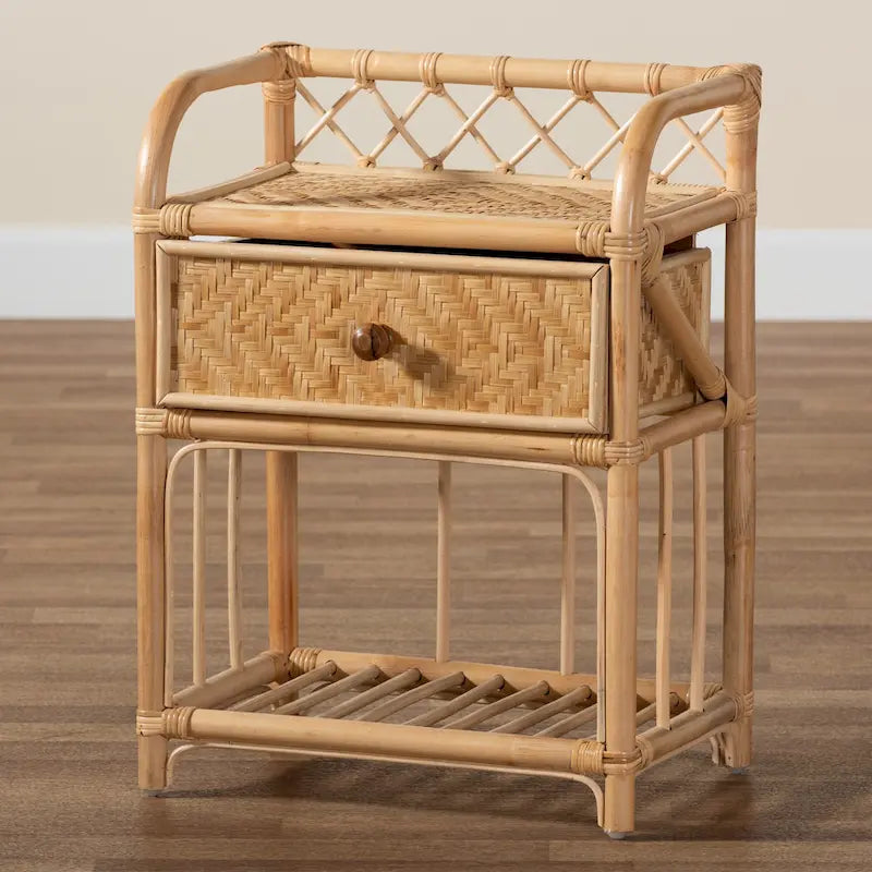 Modern Bohemian Natural Brown Rattan Nightstand with 1 Drawer by Kobie 1