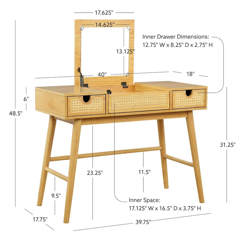 Chantal Natural Wood Vanity with 2 Cane Drawers 9