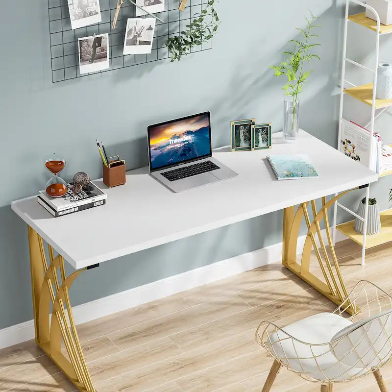 Contemporary 55-Inch Gold and White Computer Desk - Versatile Dining, Vanity, and Conference Table with Elegant Gold Legs 18