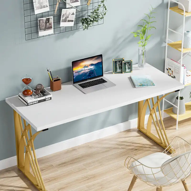 Contemporary 55-Inch Gold and White Computer Desk - Versatile Dining, Vanity, and Conference Table with Elegant Gold Legs 1