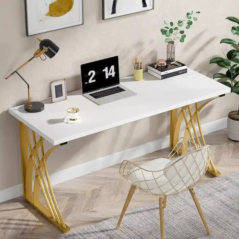 Contemporary 55-Inch Gold and White Computer Desk - Versatile Dining, Vanity, and Conference Table with Elegant Gold Legs 3