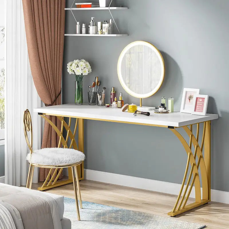 Contemporary 55-Inch Gold and White Computer Desk - Versatile Dining, Vanity, and Conference Table with Elegant Gold Legs 4