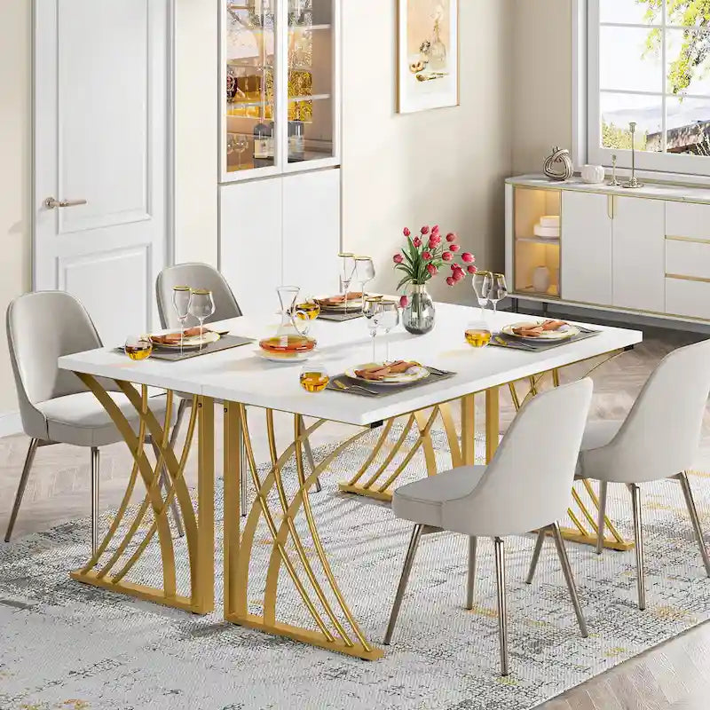 Contemporary 55-Inch Gold and White Computer Desk - Versatile Dining, Vanity, and Conference Table with Elegant Gold Legs 5