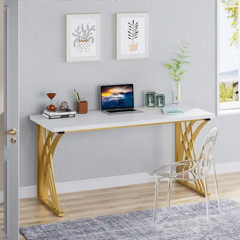 Contemporary 55-Inch Gold and White Computer Desk - Versatile Dining, Vanity, and Conference Table with Elegant Gold Legs 6