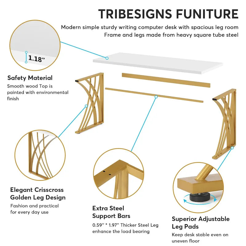 Contemporary 55-Inch Gold and White Computer Desk - Versatile Dining, Vanity, and Conference Table with Elegant Gold Legs 7