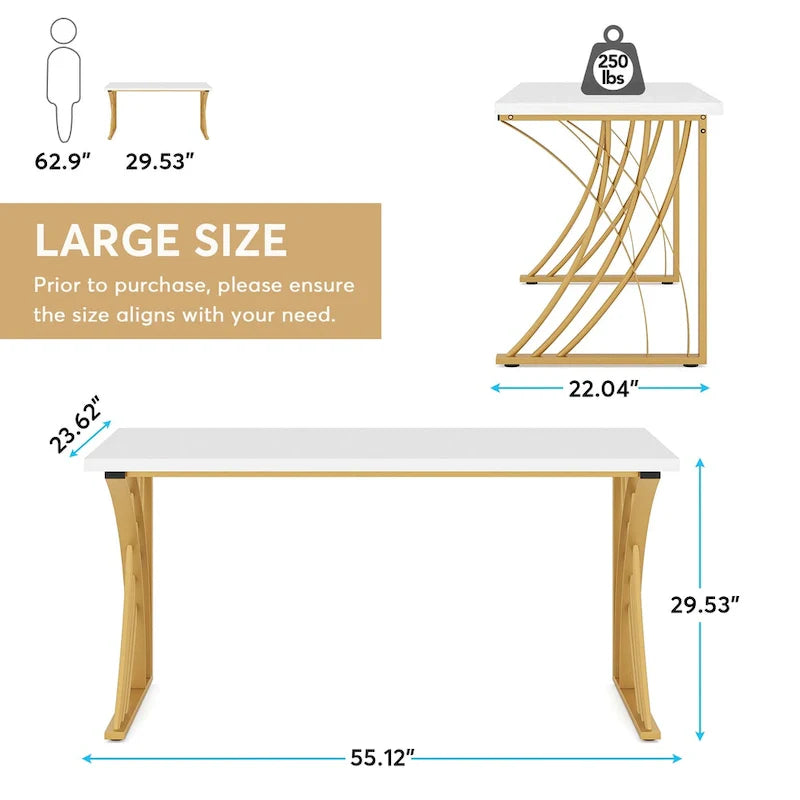 Contemporary 55-Inch Gold and White Computer Desk - Versatile Dining, Vanity, and Conference Table with Elegant Gold Legs 8