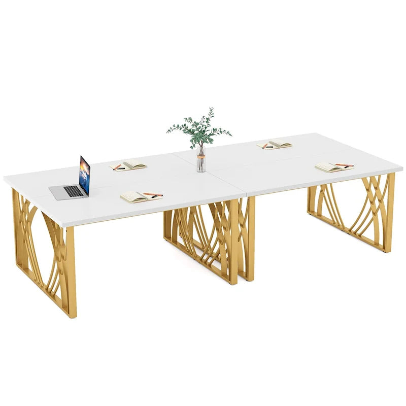 Contemporary 55-Inch Gold and White Computer Desk - Versatile Dining, Vanity, and Conference Table with Elegant Gold Legs 9