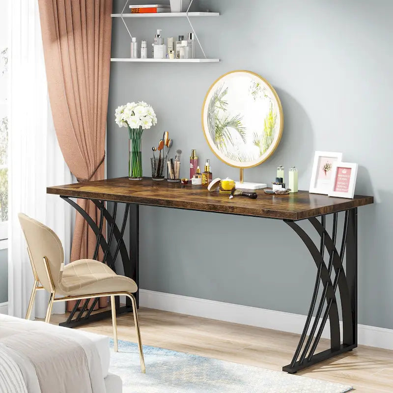 Contemporary 55-Inch Gold and White Computer Desk - Versatile Dining, Vanity, and Conference Table with Elegant Gold Legs 13