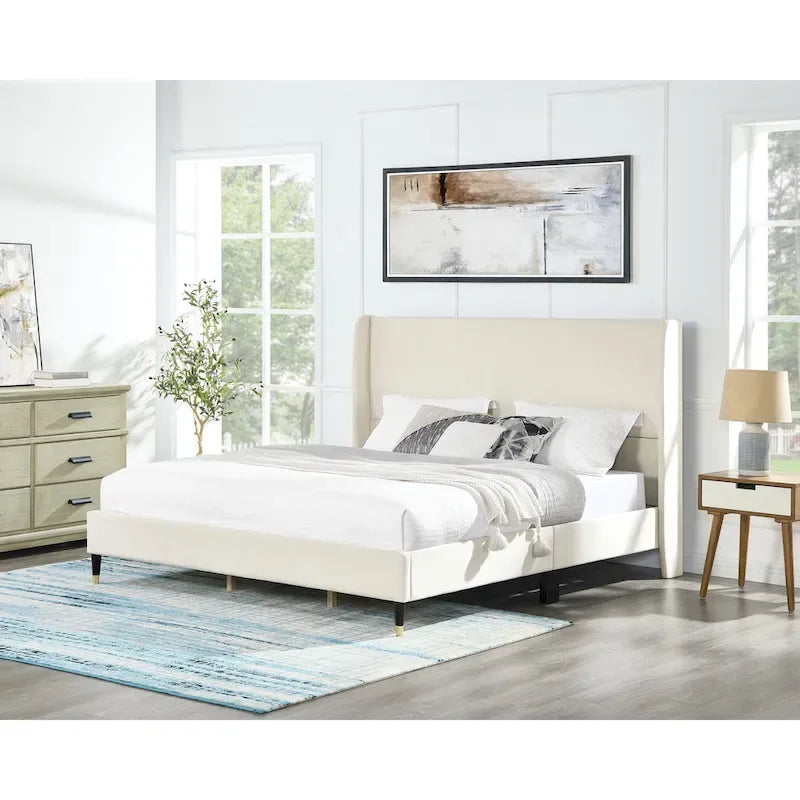 Roundhill Furniture Rozitta Upholstered Wingback Bed with Platform Design 1