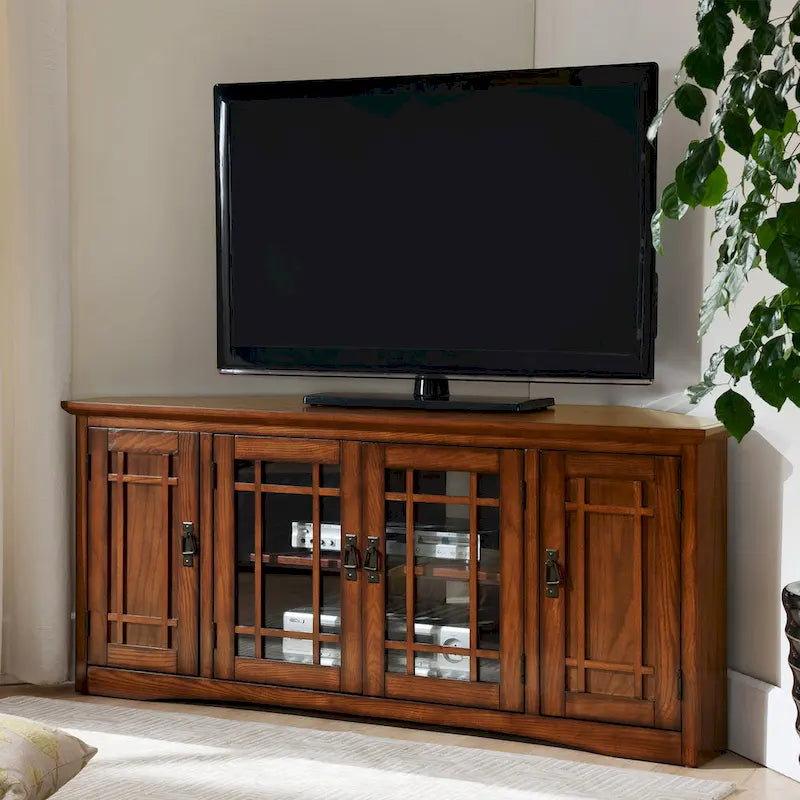 Leick Home Mission Oak Solid Wood Corner TV Stand with Four Doors 2