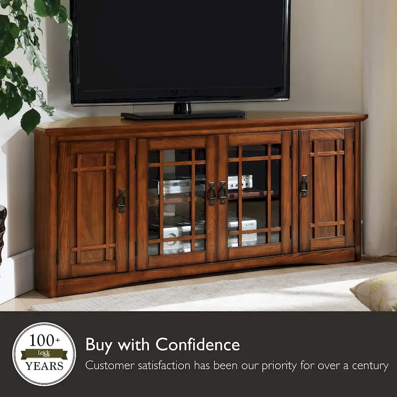Leick Home Mission Oak Solid Wood Corner TV Stand with Four Doors 4