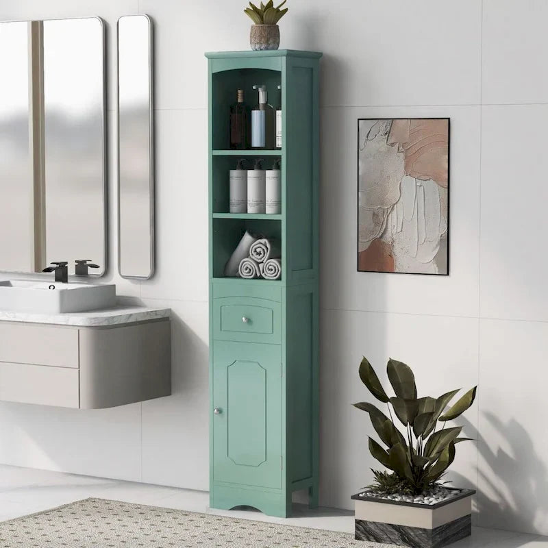 Freestanding Tall Linen Tower Bathroom Storage Cabinet with Drawer, MDF Construction and Adjustable Shelf 3