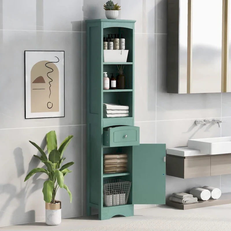 Freestanding Tall Linen Tower Bathroom Storage Cabinet with Drawer, MDF Construction and Adjustable Shelf 4