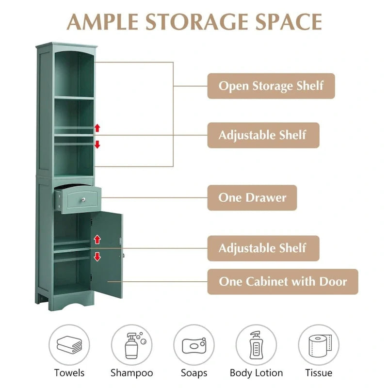 Freestanding Tall Linen Tower Bathroom Storage Cabinet with Drawer, MDF Construction and Adjustable Shelf 7