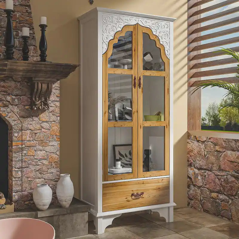 70.9" H x 31.5" W Oak Finish Wooden Curio Cabinet - Stylish Bathroom Display Storage Case 1