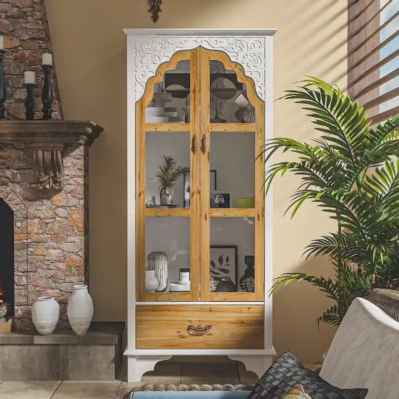 70.9" H x 31.5" W Oak Finish Wooden Curio Cabinet - Stylish Bathroom Display Storage Case 2