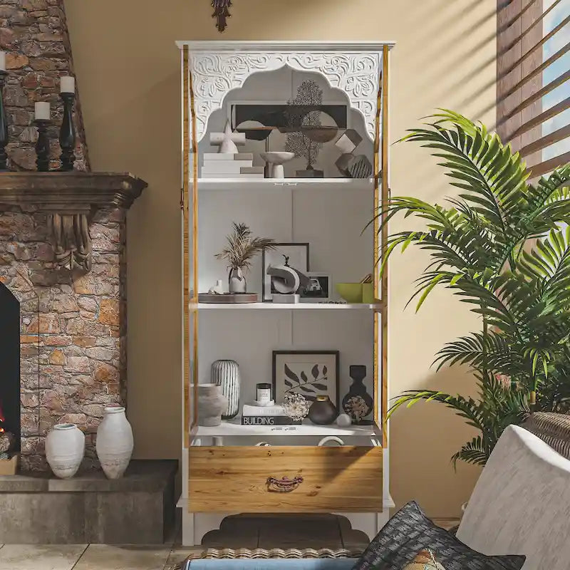 70.9" H x 31.5" W Oak Finish Wooden Curio Cabinet - Stylish Bathroom Display Storage Case 3