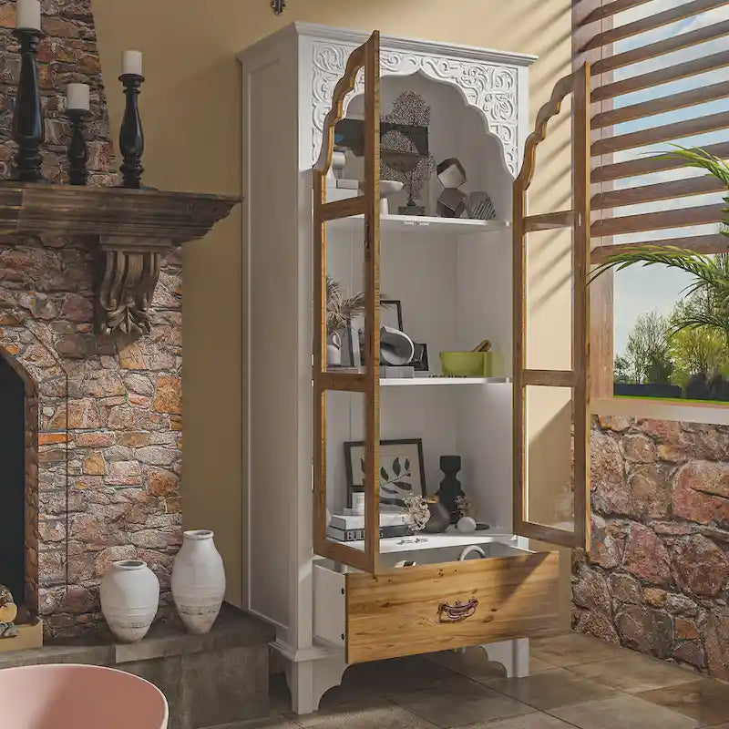 70.9" H x 31.5" W Oak Finish Wooden Curio Cabinet - Stylish Bathroom Display Storage Case 4