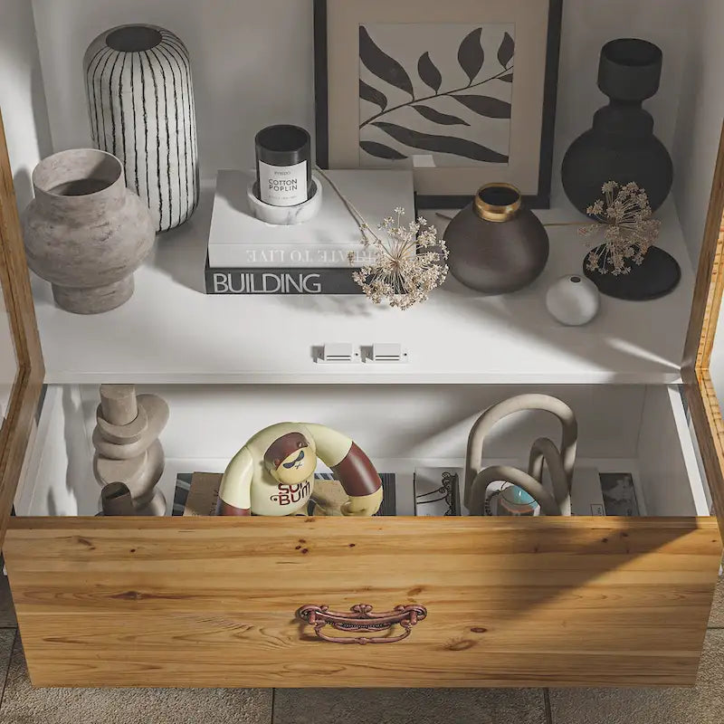 70.9" H x 31.5" W Oak Finish Wooden Curio Cabinet - Stylish Bathroom Display Storage Case 8