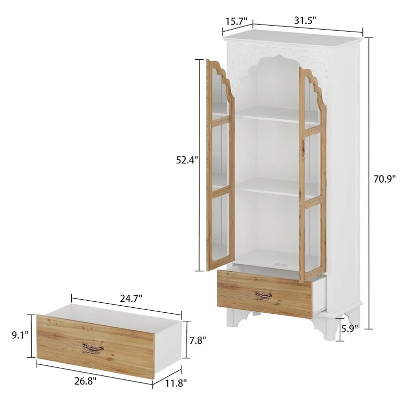 70.9" H x 31.5" W Oak Finish Wooden Curio Cabinet - Stylish Bathroom Display Storage Case 16
