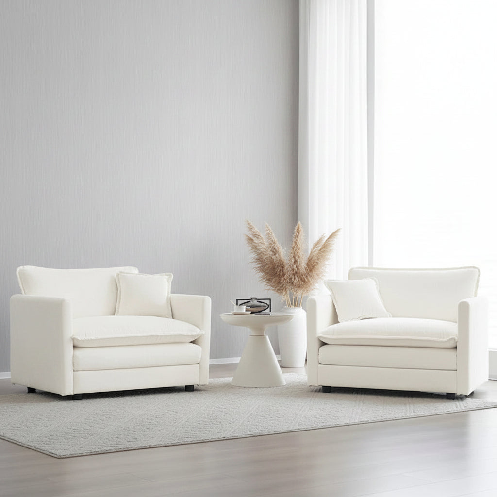 Set of 2 High-End Chenille Upholstered Accent Chairs with Toss Pillows - White Living Room Armchairs 1