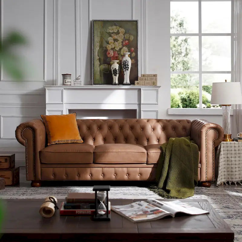 Brown Faux Leather Classic Chesterfield Sofa 1