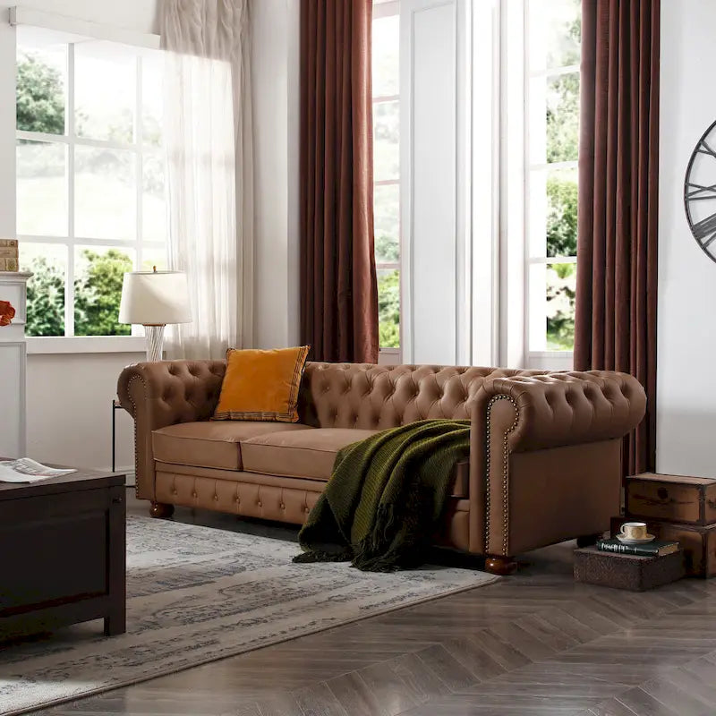 Brown Faux Leather Classic Chesterfield Sofa 2