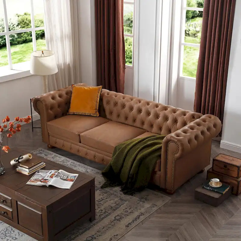 Brown Faux Leather Classic Chesterfield Sofa 3