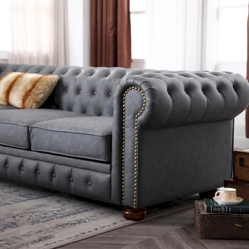 Brown Faux Leather Classic Chesterfield Sofa 10