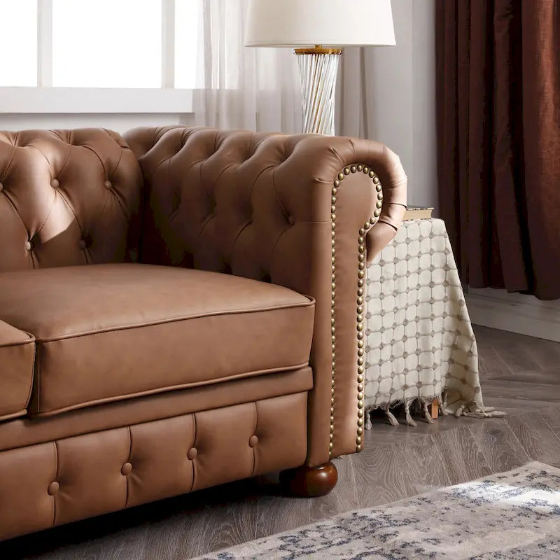 Brown Faux Leather Classic Chesterfield Sofa 12