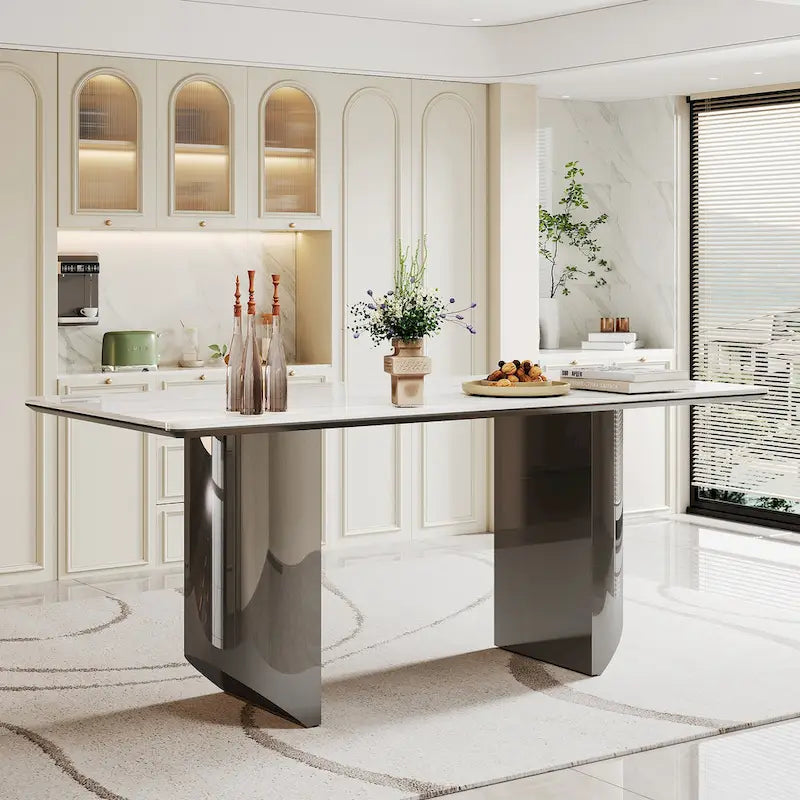 0.47-Inch Thick Sintered Stone Composite Dining Table with Tempered Glass Top and Stainless Steel Base 1