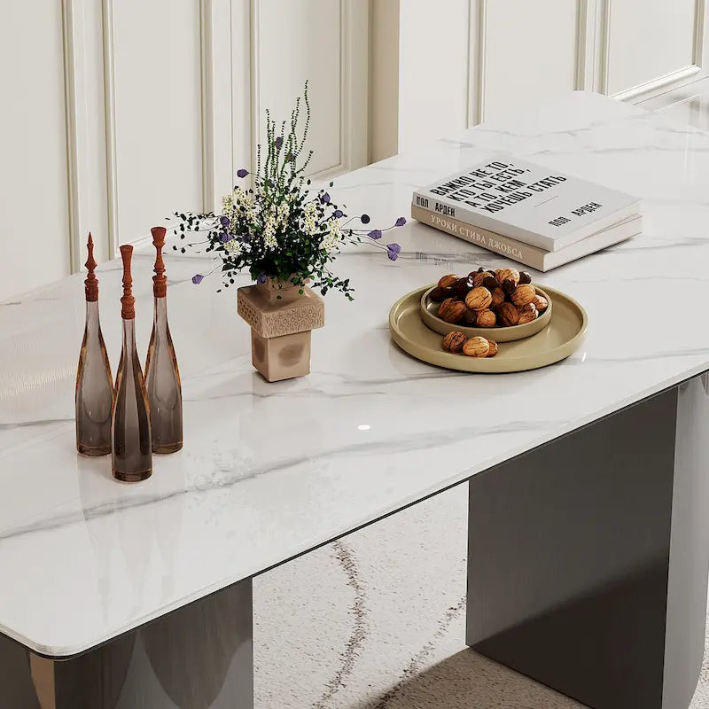0.47-Inch Thick Sintered Stone Composite Dining Table with Tempered Glass Top and Stainless Steel Base 19