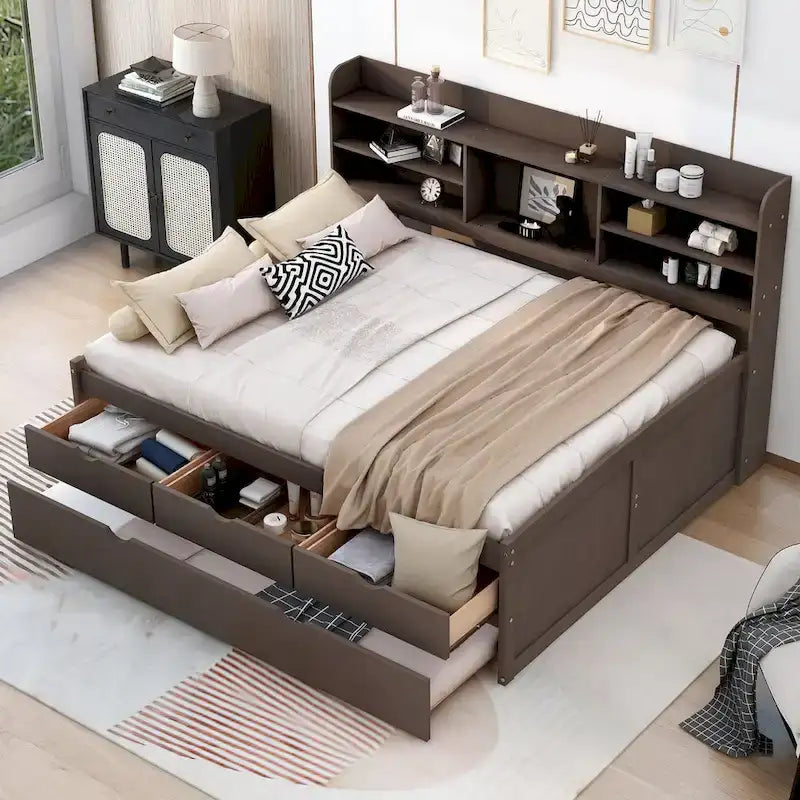 Antique Grey Full-Size Wooden Captain Bed with Built-in Bookshelves, Three Storage Drawers, and Trundle 1