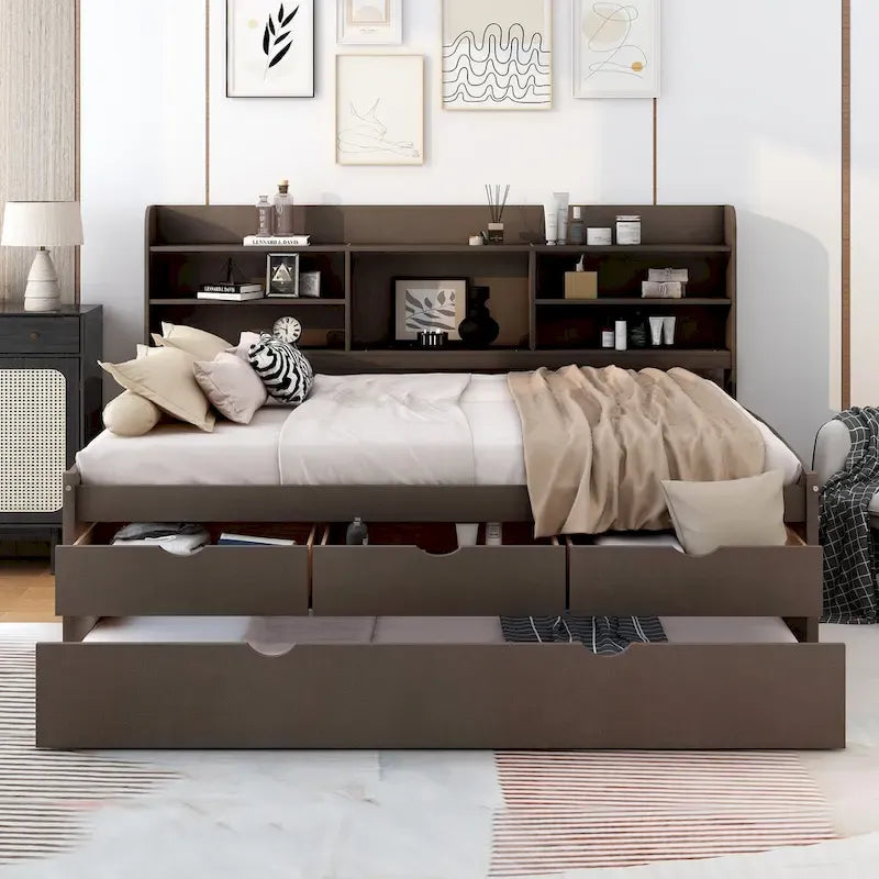 Antique Grey Full-Size Wooden Captain Bed with Built-in Bookshelves, Three Storage Drawers, and Trundle 3