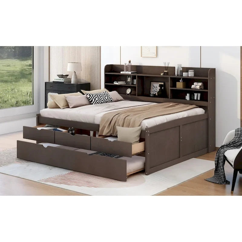 Antique Grey Full-Size Wooden Captain Bed with Built-in Bookshelves, Three Storage Drawers, and Trundle 4