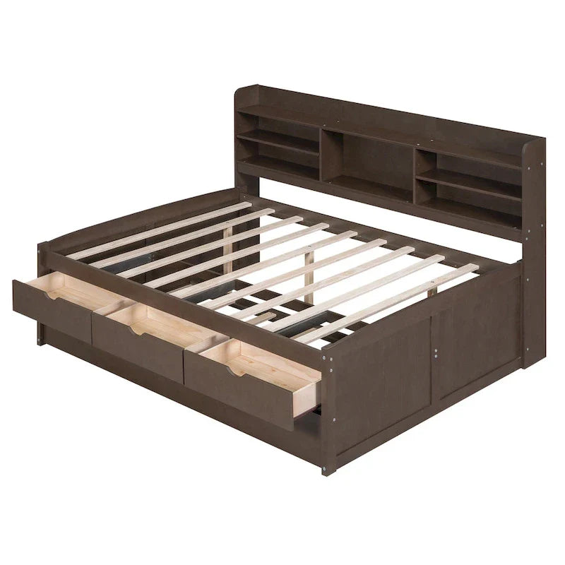 Antique Grey Full-Size Wooden Captain Bed with Built-in Bookshelves, Three Storage Drawers, and Trundle 6