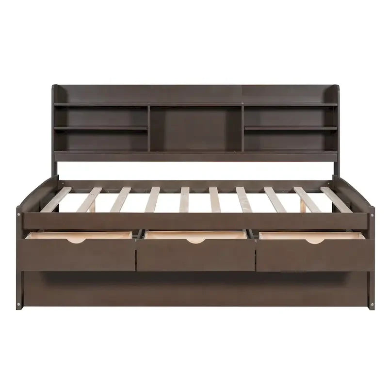 Antique Grey Full-Size Wooden Captain Bed with Built-in Bookshelves, Three Storage Drawers, and Trundle 7