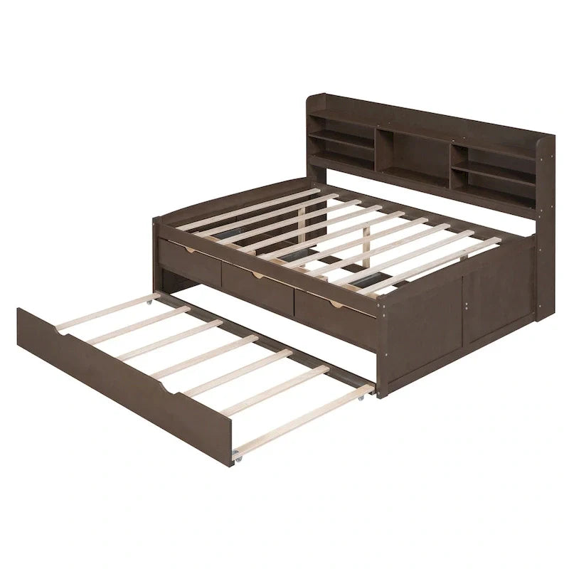 Antique Grey Full-Size Wooden Captain Bed with Built-in Bookshelves, Three Storage Drawers, and Trundle 8