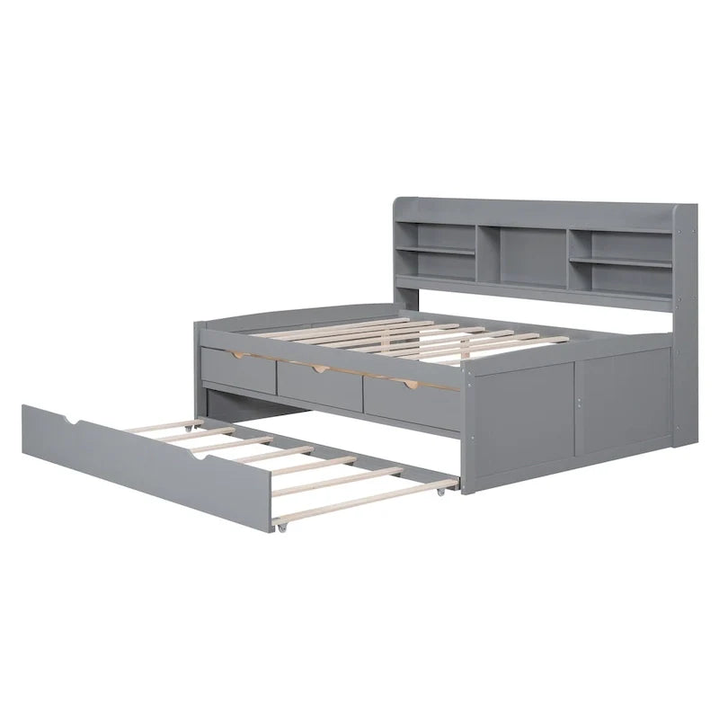 Antique Grey Full-Size Wooden Captain Bed with Built-in Bookshelves, Three Storage Drawers, and Trundle 10